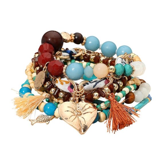 Deluxe 10PC Boho Stack Beaded Bracelet Set Gold Filled Charm Tassels India NEW - Picture 4 of 6